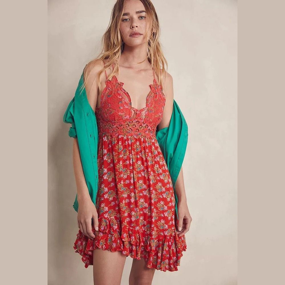 New Free People Adella Printed Mini Slip Dress - XS - Red Meadow